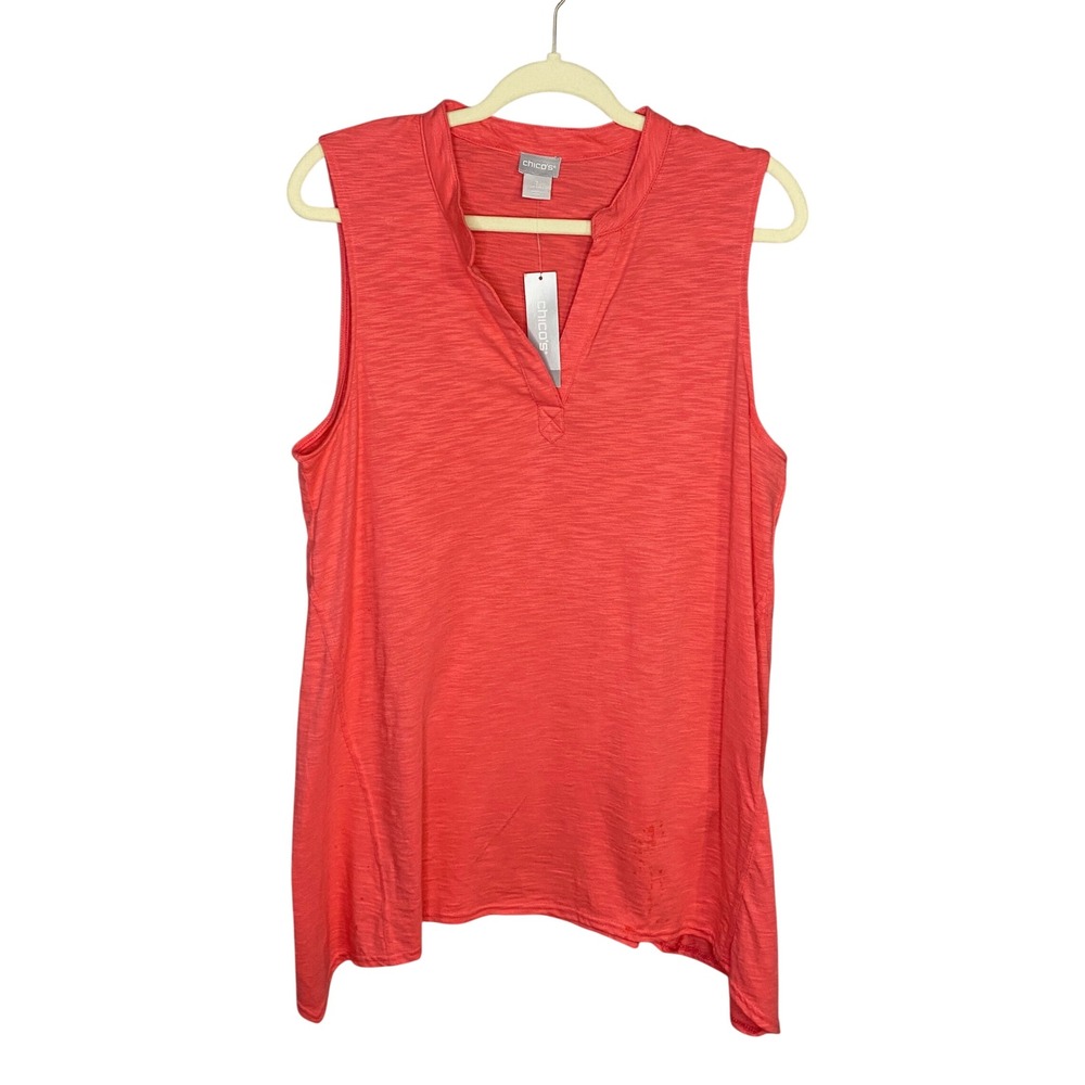 Chico's Coral Pink Slub Knit Sleeveless Tunic‎ Top Split V-Neck Size 2 Large NEW
